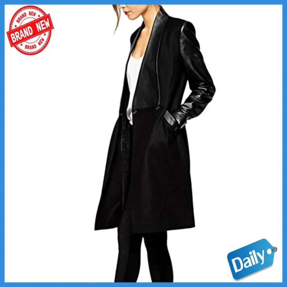 Faux Leather Woolen Trench Coat Double Breasted Patchwork Slim Fit Jacket - Picture 3 of 4